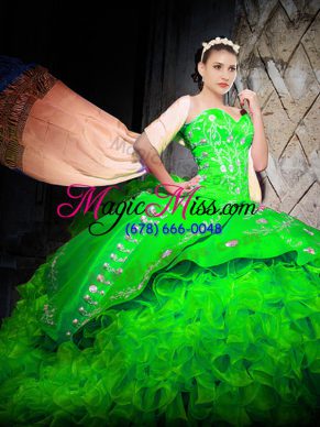 Sleeveless Brush Train Lace Up With Train Embroidery and Ruffles 15 Quinceanera Dress