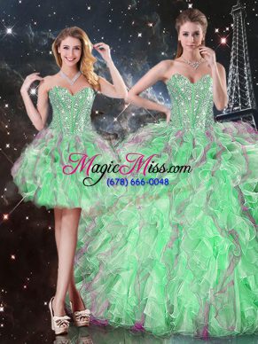 Vintage Apple Green Ball Gowns Organza Sweetheart Sleeveless Beading and Ruffles Floor Length Lace Up 15 Quinceanera Dress