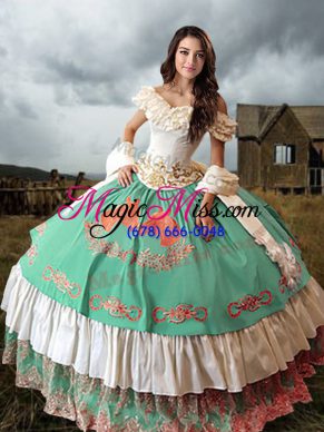 Off The Shoulder Sleeveless Vestidos de Quinceanera Brush Train Embroidery and Ruffled Layers Multi-color Taffeta