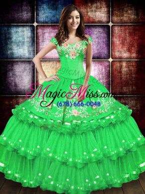 Discount Green Taffeta Lace Up Sweet 16 Quinceanera Dress Sleeveless Floor Length Embroidery and Ruffled Layers