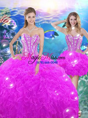 Popular Fuchsia Ball Gowns Sweetheart Sleeveless Organza Floor Length Lace Up Beading and Ruffles Sweet 16 Dress