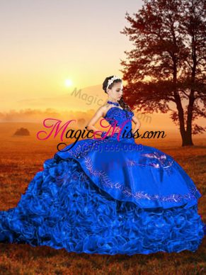 Colorful Sleeveless Organza Brush Train Lace Up Quinceanera Dress in Blue with Embroidery and Ruffles