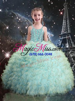 Adorable Organza Straps Sleeveless Lace Up Beading and Ruffles Little Girls Pageant Dress Wholesale in Aqua Blue