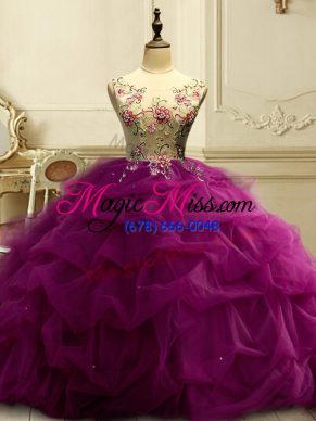 Edgy Fuchsia Quince Ball Gowns Military Ball and Sweet 16 and Quinceanera with Appliques and Ruffles and Sequins Scoop Sleeveless Lace Up