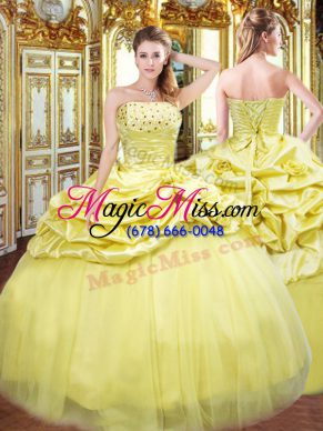 Chic Gold Sleeveless Floor Length Beading and Pick Ups Lace Up Sweet 16 Dresses