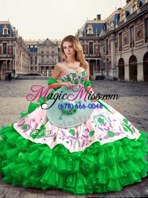 Green Organza and Taffeta Lace Up Sweetheart Sleeveless Floor Length Sweet 16 Dress Embroidery and Ruffled Layers