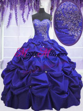 Wonderful Navy Blue Taffeta Lace Up Sweetheart Sleeveless Floor Length 15 Quinceanera Dress Beading and Pick Ups