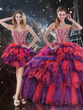 Noble Multi-color Ball Gowns Beading and Ruffles and Ruffled Layers Sweet 16 Quinceanera Dress Lace Up Organza Sleeveless Floor Length