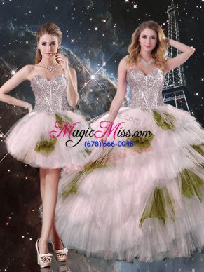 Champagne Three Pieces Beading and Ruffled Layers and Sequins Quinceanera Gown Lace Up Tulle Sleeveless Floor Length