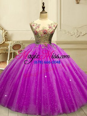 Floor Length Fuchsia Vestidos de Quinceanera Scoop Sleeveless Lace Up