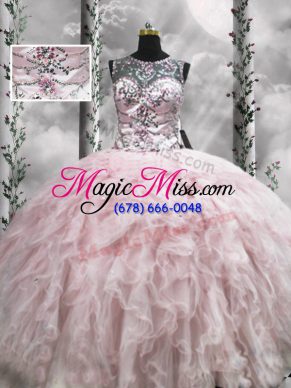 Decent Beading and Ruffles Vestidos de Quinceanera Pink Zipper Sleeveless Floor Length