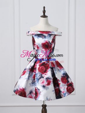 Stylish Multi-color Printed Lace Up Off The Shoulder Sleeveless Mini Length Prom Dresses Ruching