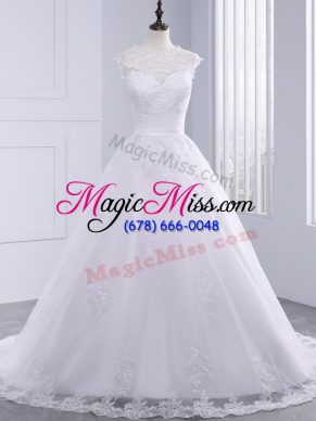 Captivating Zipper Wedding Dresses White for Beach and Wedding Party with Lace and Appliques and Bowknot Brush Train