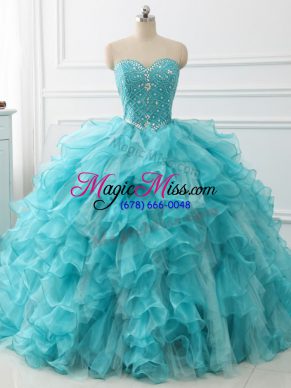 Sleeveless Brush Train Beading and Ruffles Lace Up Sweet 16 Dress