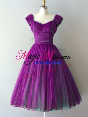 Exquisite Purple Lace Up Dama Dress for Quinceanera Ruching Cap Sleeves Knee Length