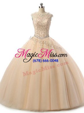 Luxury Champagne Scoop Neckline Beading and Lace Quinceanera Dress Sleeveless Lace Up