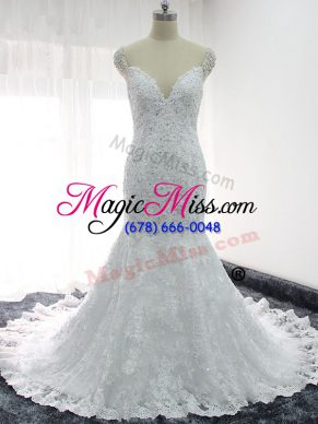 Fine Lace Straps Cap Sleeves Backless Beading and Lace and Appliques Wedding Dresses in White