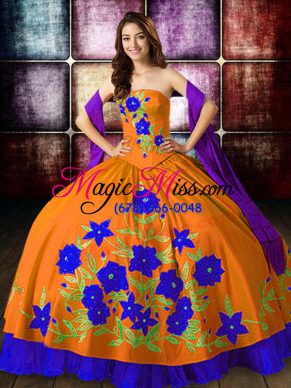 Floor Length Orange Red Quinceanera Gown Taffeta Sleeveless Embroidery