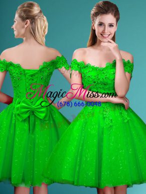 Tulle Cap Sleeves Knee Length Quinceanera Court Dresses and Lace and Belt