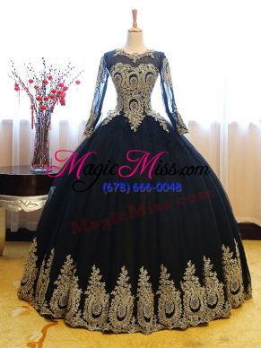 Long Sleeves Organza Floor Length Lace Up Vestidos de Quinceanera in Navy Blue with Appliques