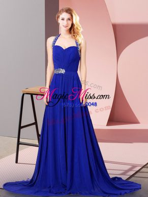 Fabulous Halter Top Sleeveless Chiffon Evening Dress Beading and Ruching Zipper