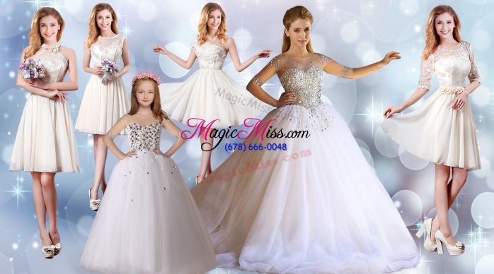 Great White Tulle Lace Up Scoop Half Sleeves Floor Length Sweet 16 Dress Beading