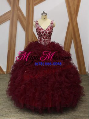 Floor Length Ball Gowns Sleeveless Burgundy Quinceanera Gown Backless