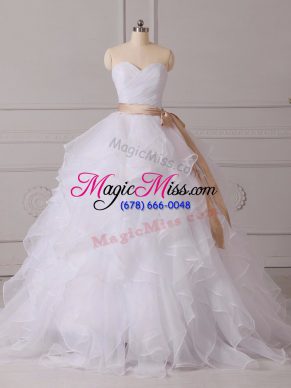 On Sale Organza Sweetheart Sleeveless Brush Train Lace Up Beading and Ruffles and Sashes ribbons Wedding Gowns in White