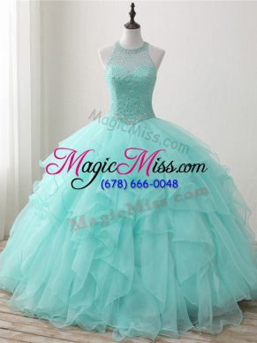 Fantastic Floor Length Lace Up Sweet 16 Dress Apple Green for Military Ball and Sweet 16 and Quinceanera with Beading and Ruffles