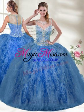 Beading and Ruffles 15 Quinceanera Dress Blue Zipper Sleeveless Floor Length