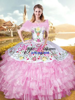 Rose Pink Sleeveless Floor Length Embroidery and Ruffled Layers Lace Up Quinceanera Dress