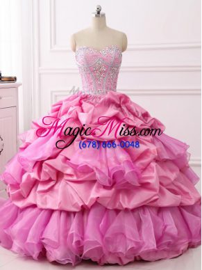 Organza and Taffeta Sweetheart Sleeveless Lace Up Beading and Ruffles and Pick Ups Sweet 16 Dresses in Rose Pink