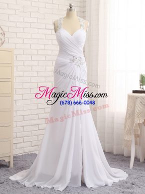 Smart Straps Sleeveless Wedding Dresses Brush Train Beading and Ruching White Chiffon