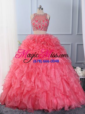 New Style Hot Pink Sleeveless Floor Length Beading and Ruffles Lace Up Quinceanera Gown