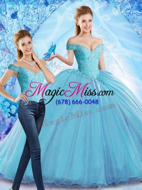 Baby Blue Sweet 16 Quinceanera Dress Organza Sweep Train Sleeveless Beading