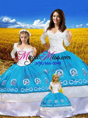 Fancy Blue And White Lace Up Off The Shoulder Embroidery Quinceanera Gown Taffeta 3 4 Length Sleeve