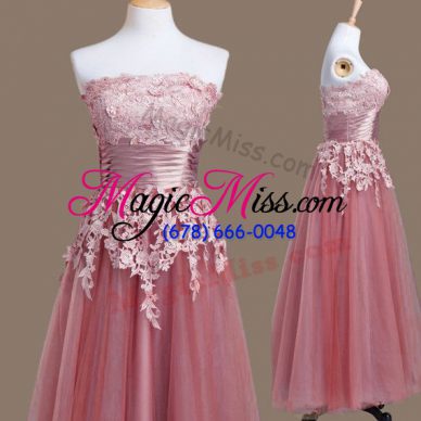 Pink Quinceanera Court of Honor Dress Prom and Party and Wedding Party with Appliques Strapless Sleeveless Lace Up