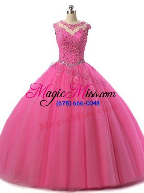 Romantic Tulle Scoop Sleeveless Lace Up Beading and Lace Sweet 16 Quinceanera Dress in Hot Pink