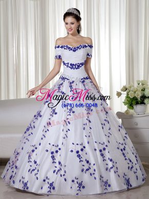 Glorious White Lace Up Off The Shoulder Embroidery Vestidos de Quinceanera Organza Short Sleeves