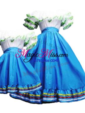 Glittering Short Sleeves Floor Length Pick Ups Lace Up Quinceanera Gowns with Baby Blue