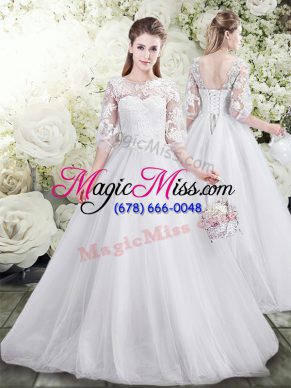 Floor Length A-line Half Sleeves White Wedding Gowns Lace Up