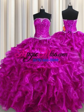 Admirable Strapless Sleeveless Ball Gown Prom Dress Floor Length Beading and Ruffles Fuchsia Organza