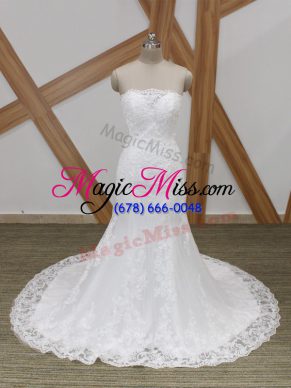 Eye-catching Sleeveless Lace Lace Up Bridal Gown with White Brush Train