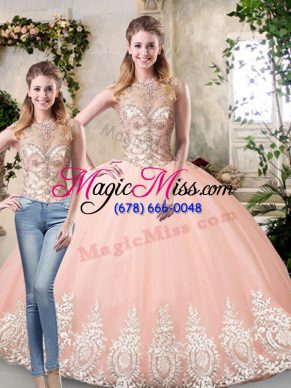 Floor Length Lace Up 15 Quinceanera Dress Peach for Prom and Party and Military Ball and Sweet 16 and Quinceanera with Beading and Lace and Appliques