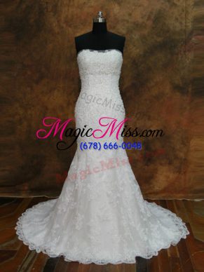 Sophisticated Lace Bridal Gown White Lace Up Sleeveless Brush Train