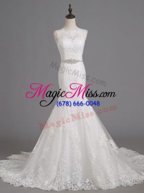 Pretty Sleeveless Brush Train Beading and Lace Lace Up Wedding Gowns