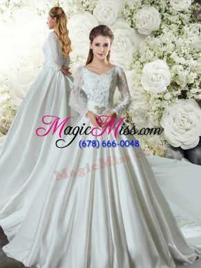 Suitable White Taffeta Lace Up V-neck Long Sleeves Wedding Gown Chapel Train Lace and Belt