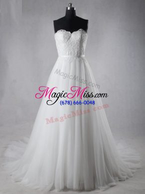 Eye-catching Sweetheart Sleeveless Brush Train Zipper Bridal Gown White Tulle