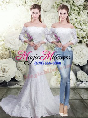 Two Pieces 3 4 Length Sleeve White Wedding Dress Brush Train Lace Up