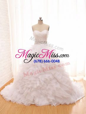 Pretty Sweetheart Sleeveless Tulle Wedding Gowns Beading and Ruffles Brush Train Lace Up